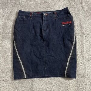 Eckored Denim Mini Skirt Juniors Size 9‎ Embellished Logo Y2K Dark Wash Stretch